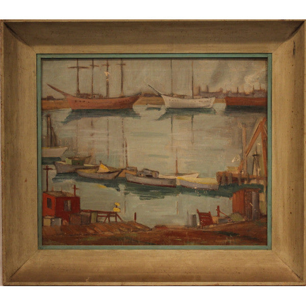 AW055 - American School - Modernist Harbor Scene - Oil on Canvas