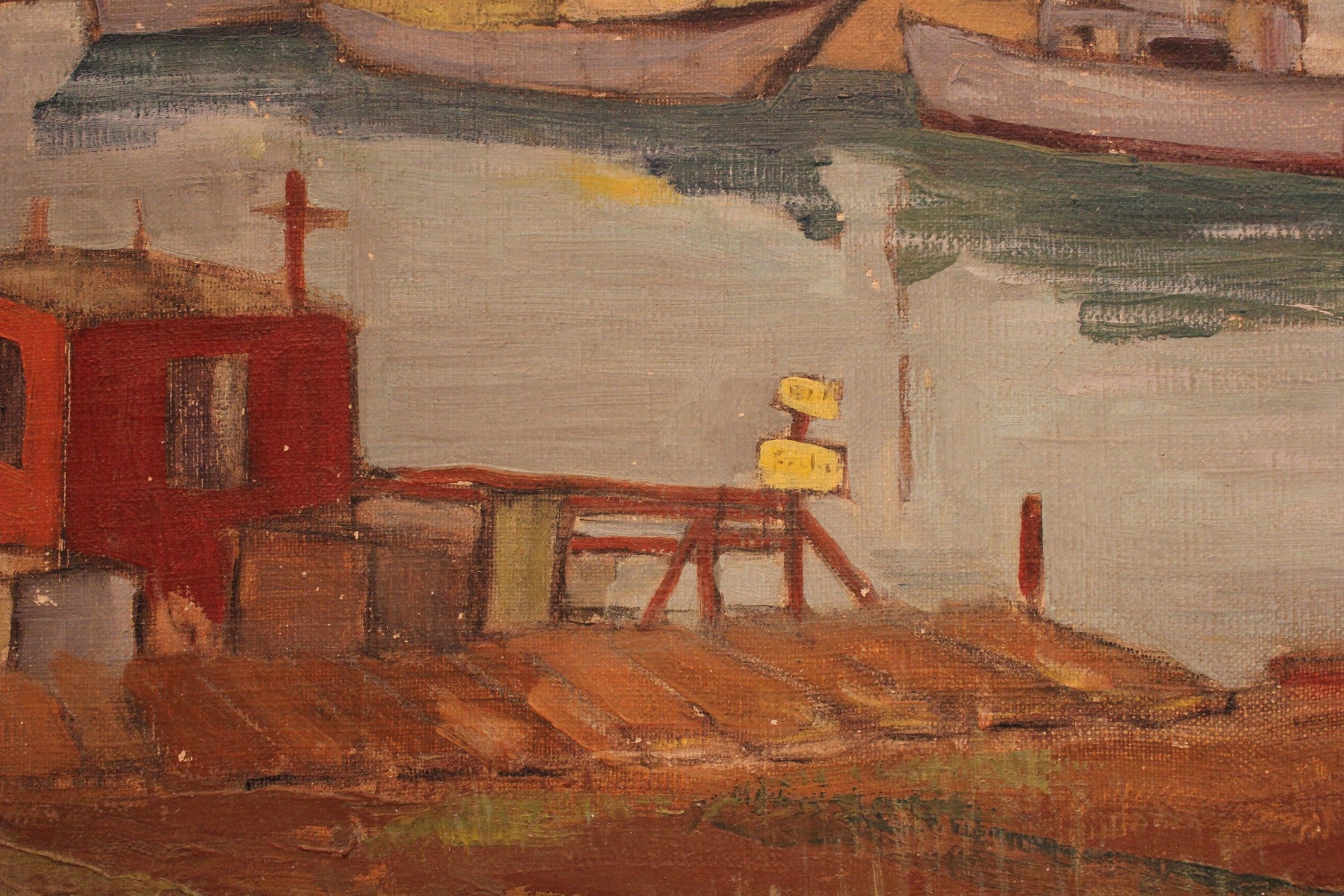 AW055 - American School - Modernist Harbor Scene - Oil on Canvas