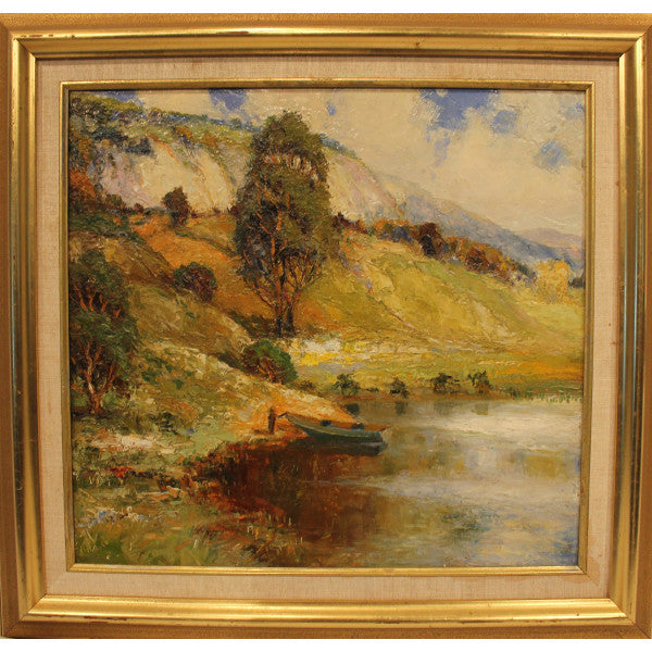 AW056 - European School -  Waterside Landscape - Oil on Canvas
