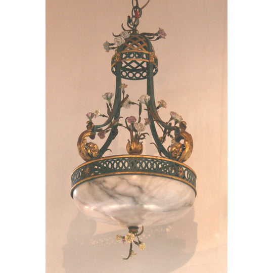 AL1-001: Early 20th Century French Toile Chandelier with Alabaster Shade and Porcelain Flowers