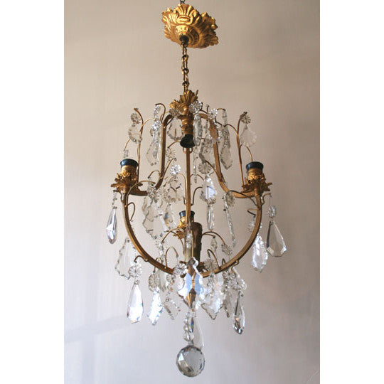 AL1-004: Early 20th Century French Gilt Brass 4 Light Chandelier with Lead Crystals