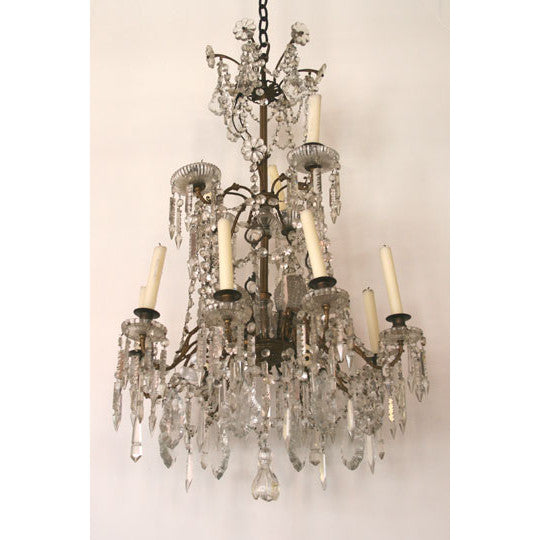 AL1-014: Mid 19th Century Crystal 7 Brass Candle Chandelier with 4 Electric Lights and 12 Candle Holders