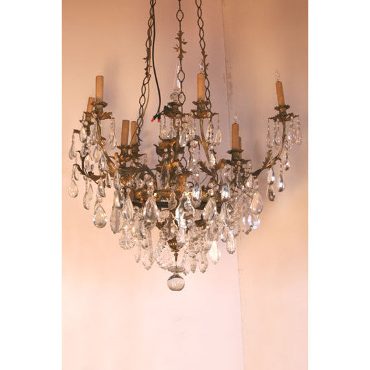 AL1-019: Early 20th Century Gilt Bronze 9 Light Chandelier with Lead Crystal