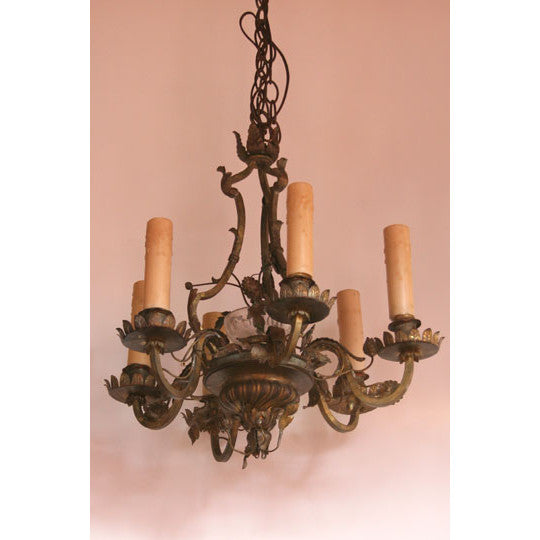 AL1-022: Early 20th Century Toile & Brass 6 Light Chandelier