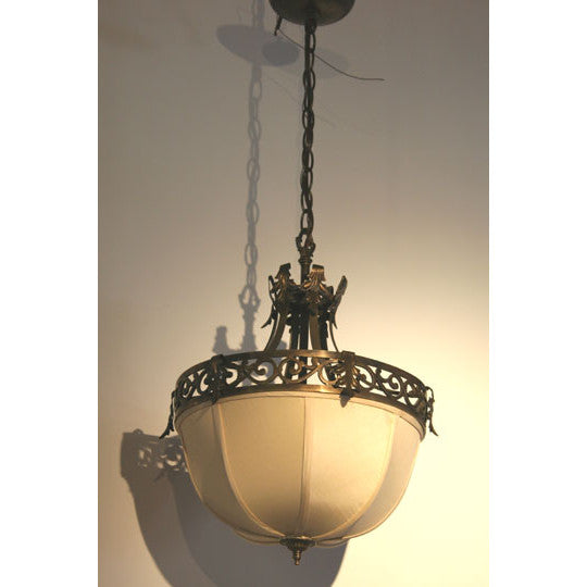 AL1-027: Early 20th Century Hand Forged Iron Chandelier with Silk Shade