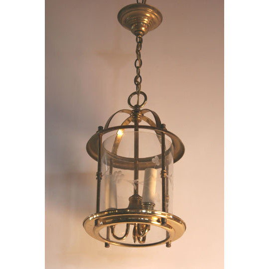 AL1-029: Mid 20th Century Brass & Etched Glass Ceiling Lantern