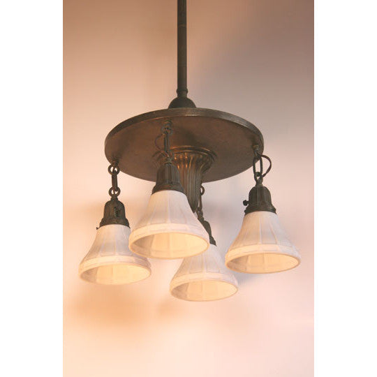 AL1-034: Early 20th Century Brass 4 Light Chandelier with Matte White Shades