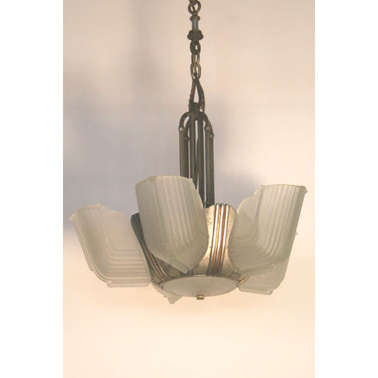 AL1-036: Early 20th Century Art Deco Silvered Metal 6 Light Chandelier