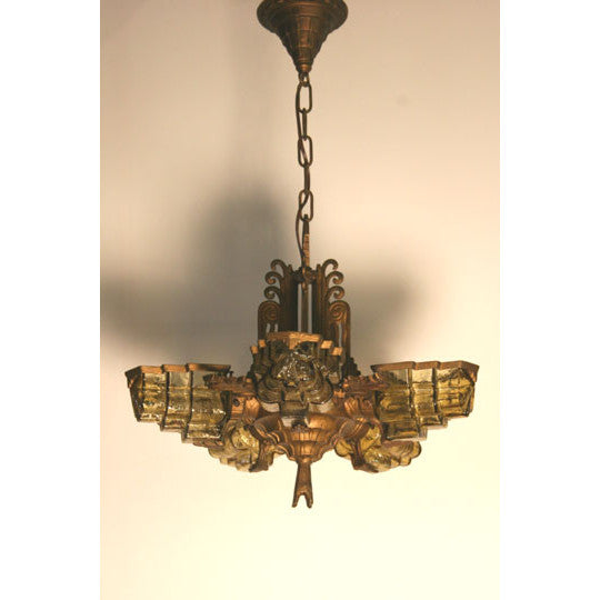 AL1-039: Early 20th Century Spanish Art Deco Patinated Metal 6 Light Chandelier