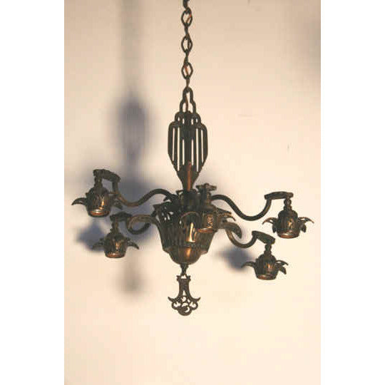 AL1-042 - Early 20th Century Bronze Art Deco 5 Light Chandelier