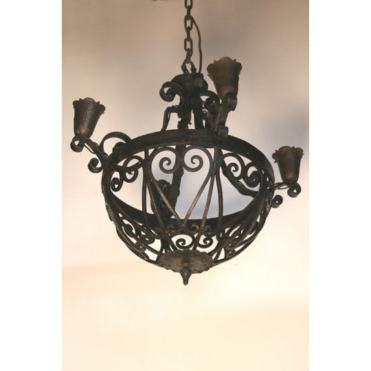 AL1-045 - Early 20th Century Forged Iron 4 Light Chandelier