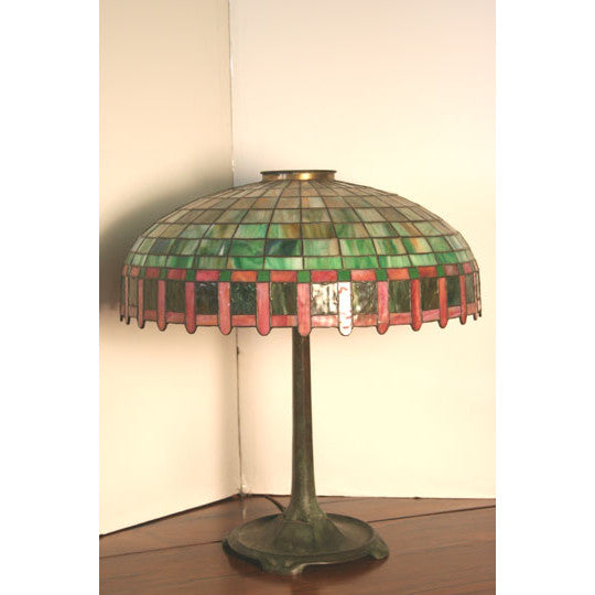 Bronze Arts & Crafts Lamp with Leaded Glass Shade