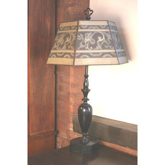 AL2-089 - Early 20th Century Ebonized Wood Lamp W/ Rembrandt Stenciled Mesh Shade