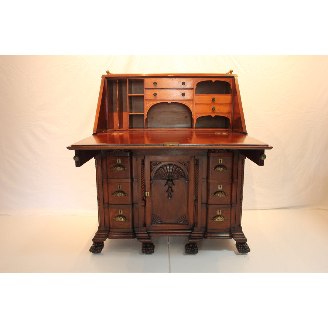 AF5-183: Antique Late 19th Century American Aesthetic Movement Heavily Carved Mahogany Kneehole Slant-front Desk