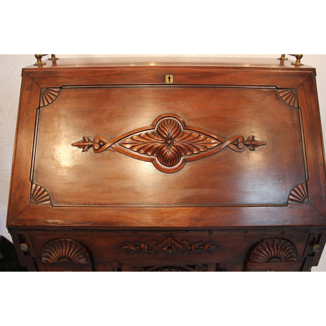 AF5-183: Antique Late 19th Century American Aesthetic Movement Heavily Carved Mahogany Kneehole Slant-front Desk