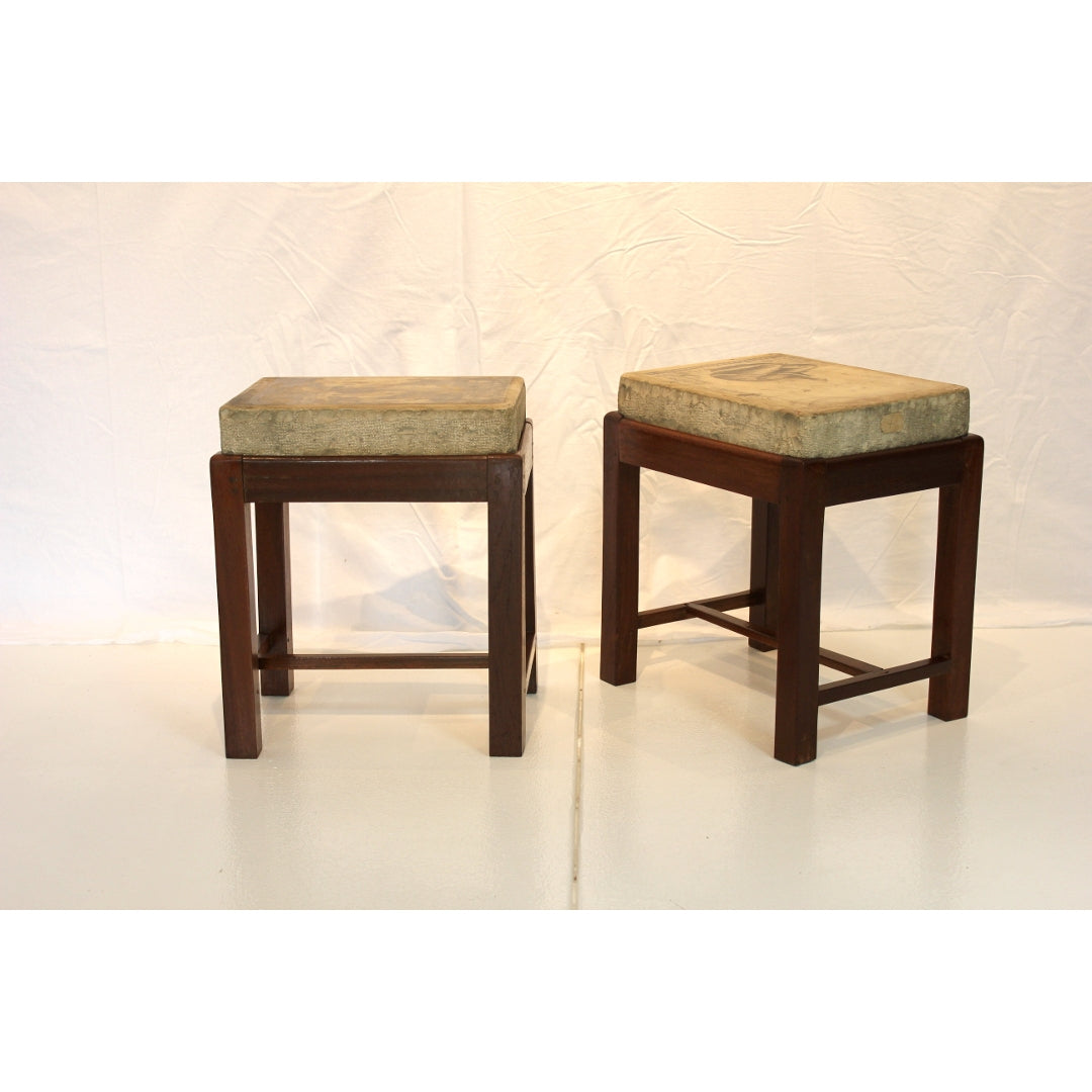 AF1-311: Antique Pair of English Side Tables with Indian Block Print Stone Tablets