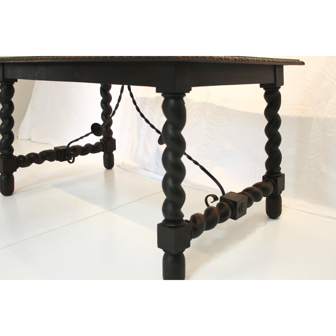 AF1-312: Antique Late 19th Century  Spanish Colonial Revival Table with Barley Twist Legs & Iron Stretchers
