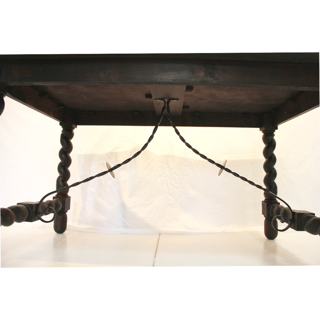 AF1-312: Antique Late 19th Century  Spanish Colonial Revival Table with Barley Twist Legs & Iron Stretchers