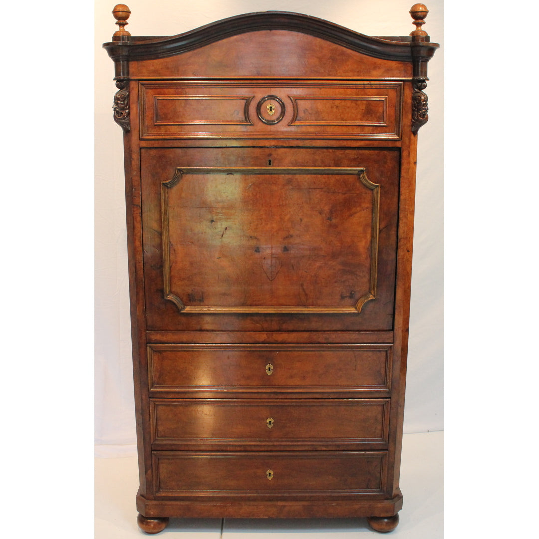 Antique German Burled Walnut Drop Front Secretaire Abattant | Work of Man