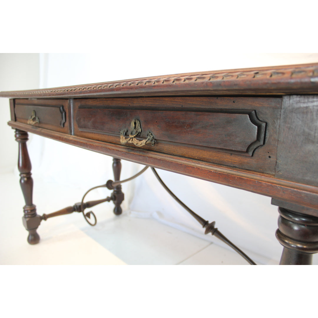 AF5-341 - Antique Early 20th Century Spanish Colonial Revival Desk with Iron Stretcher Bars