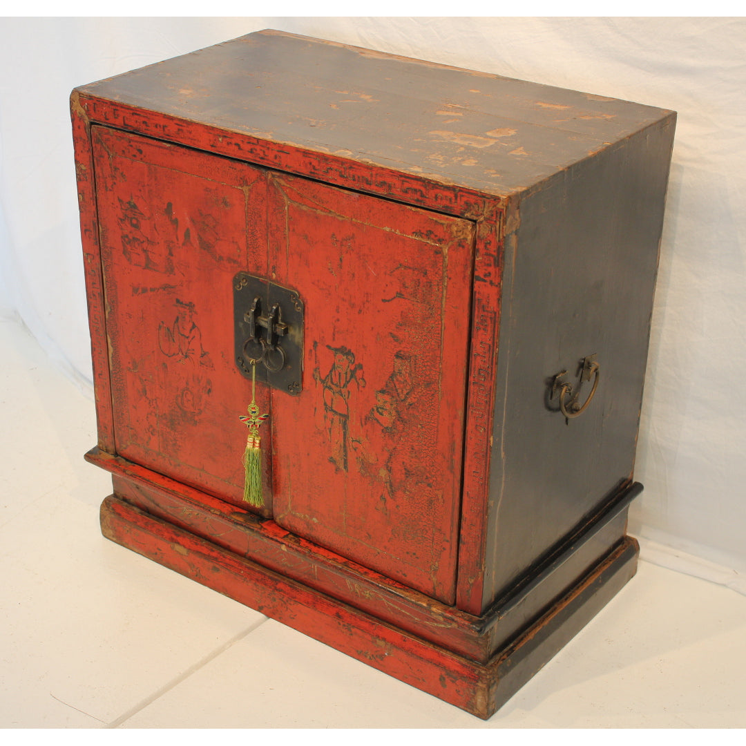 AF3-342: Antique Chinese Hand Painted Red Lacquer Chinoiserie Two Door Cabinet Mid 19th Century