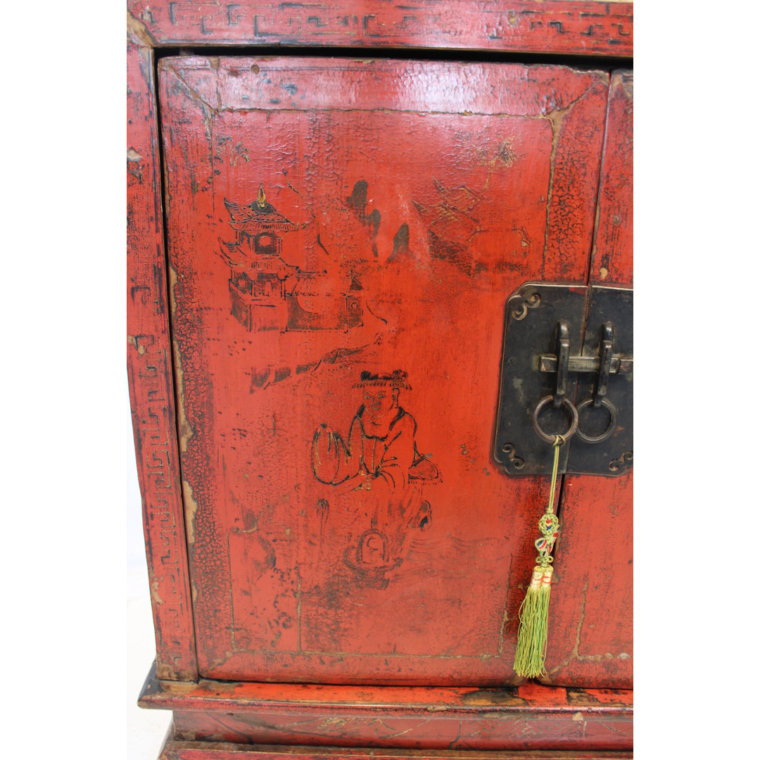 AF3-342: Antique Chinese Hand Painted Red Lacquer Chinoiserie Two Door Cabinet Mid 19th Century