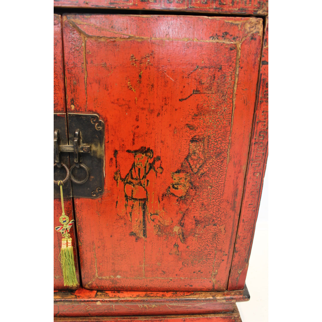 AF3-342: Antique Chinese Hand Painted Red Lacquer Chinoiserie Two Door Cabinet Mid 19th Century