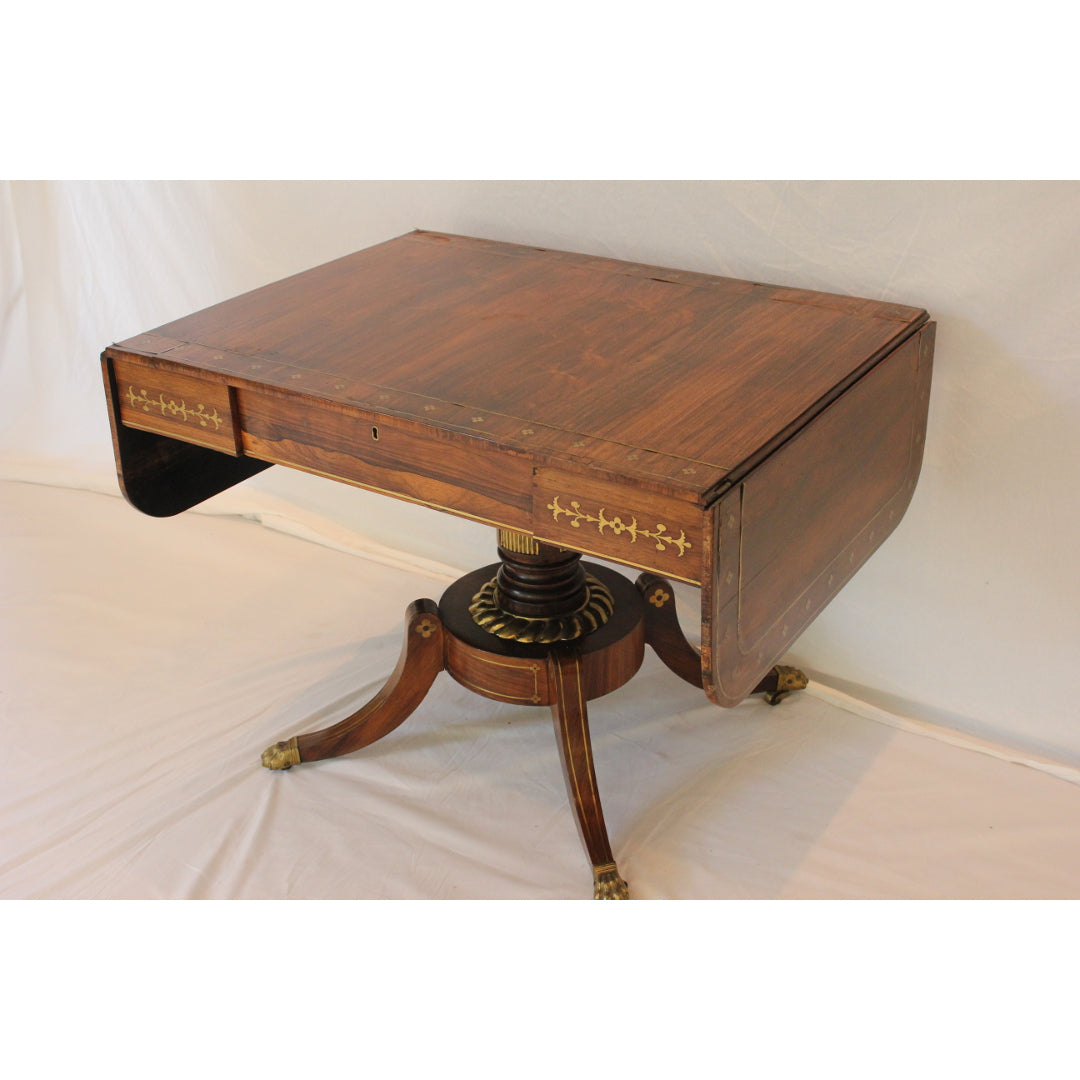 AF1-352 - Antique Early 19th Century English Regency Rosewood Drop Leaf Side Table with Brass Inlay