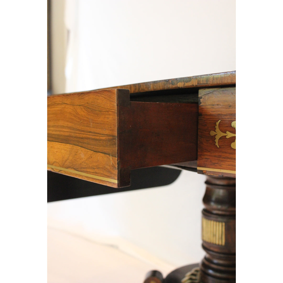 AF1-352 - Antique Early 19th Century English Regency Rosewood Drop Leaf Side Table with Brass Inlay