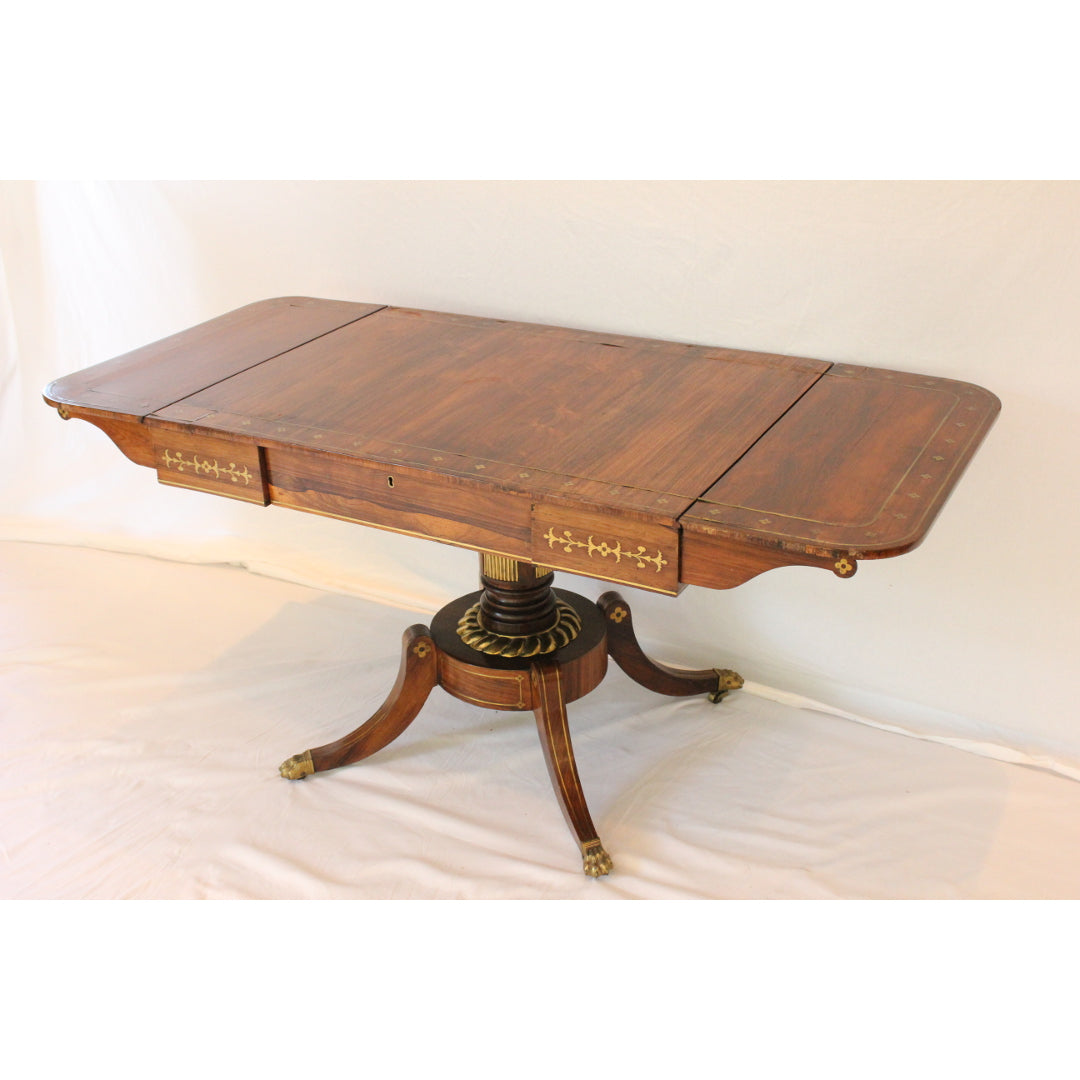 AF1-352 - Antique Early 19th Century English Regency Rosewood Drop Leaf Side Table with Brass Inlay