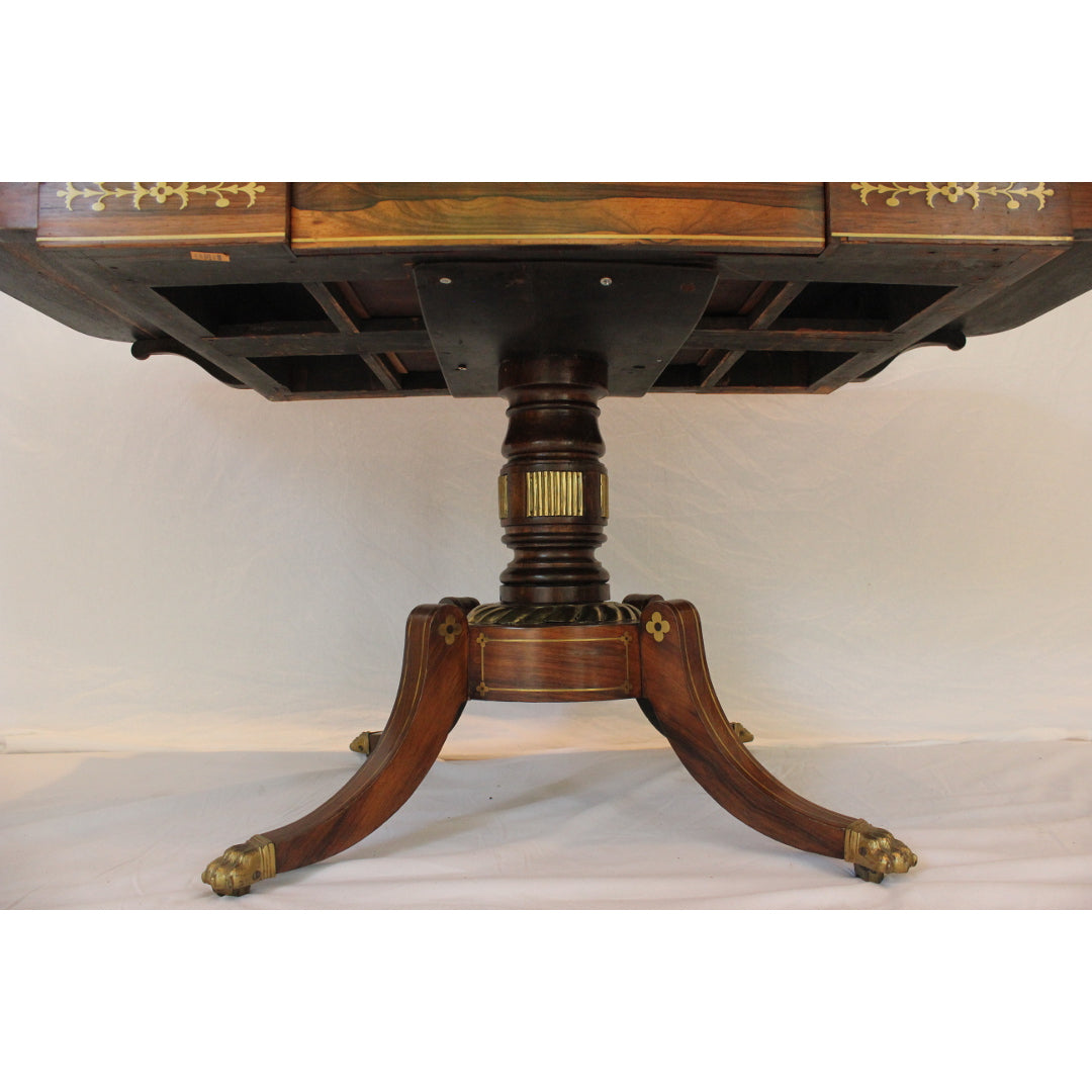 AF1-352 - Antique Early 19th Century English Regency Rosewood Drop Leaf Side Table with Brass Inlay