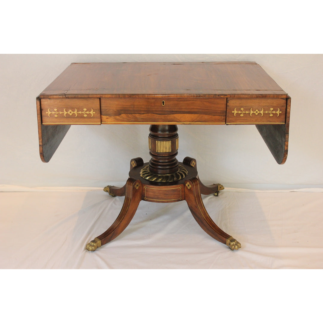 AF1-352 - Antique Early 19th Century English Regency Rosewood Drop Leaf Side Table with Brass Inlay