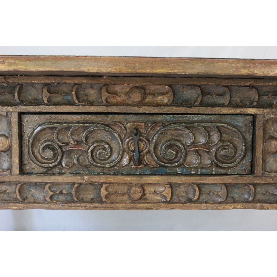 AF1-371: Antique Polychrome Decorated Carved Spanish Colonial Oak Refectory Table Circa 1750