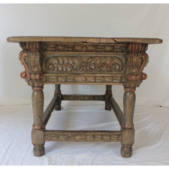 AF1-371: Antique Polychrome Decorated Carved Spanish Colonial Oak Refectory Table Circa 1750