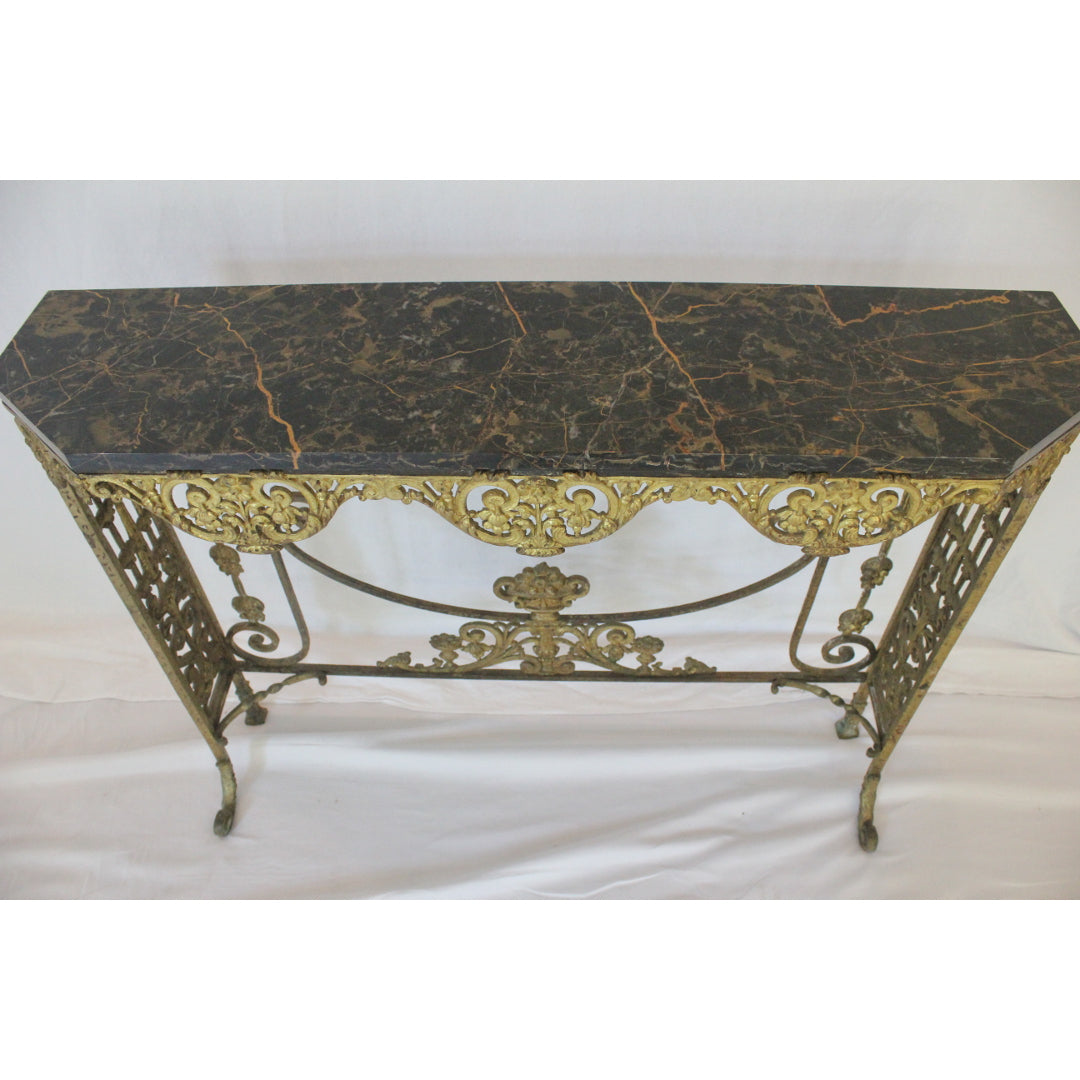 AF1-372: Antique C 1920's Oscar Bach Marble Top Iron & Brass Console Table