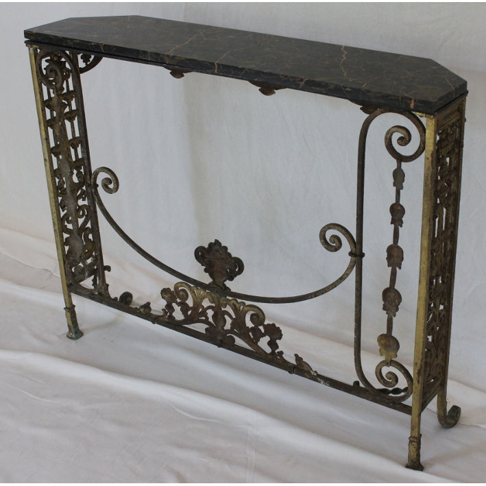 AF1-372: Antique C 1920's Oscar Bach Marble Top Iron & Brass Console Table