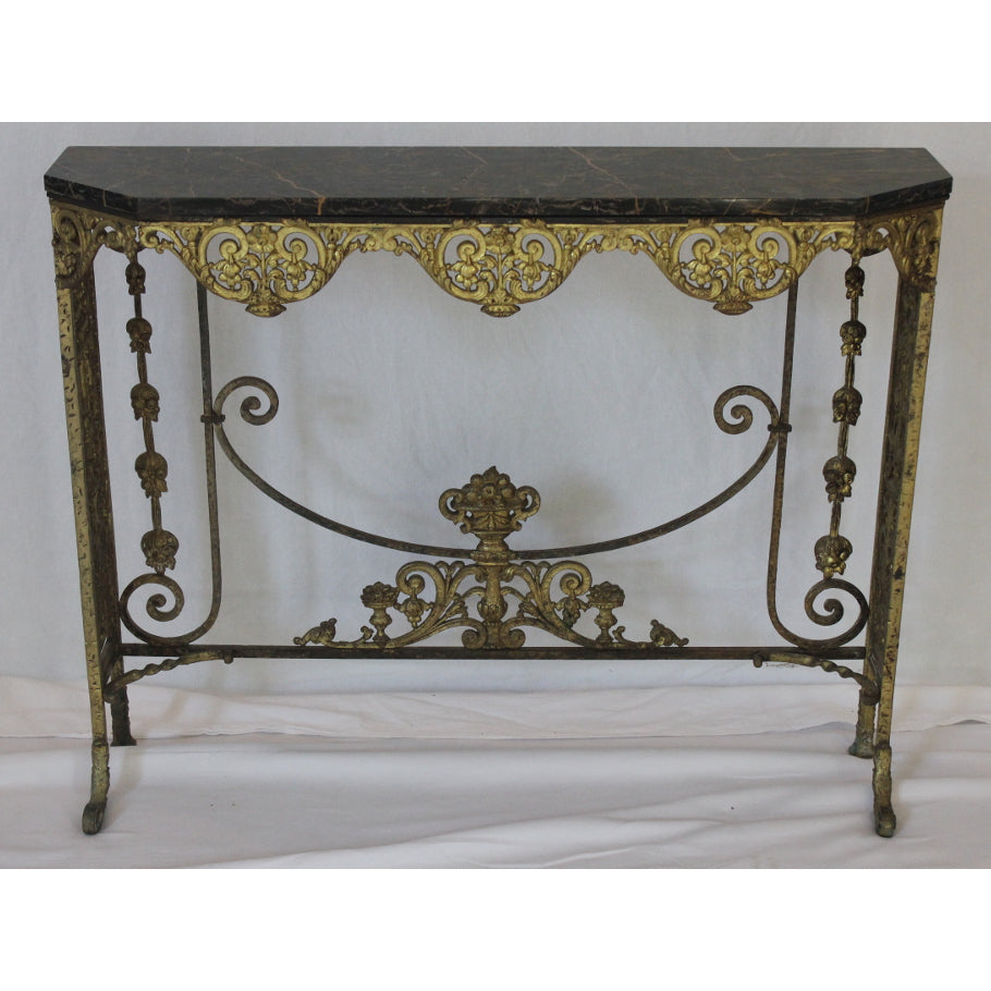 AF1-372: Antique C 1920's Oscar Bach Marble Top Iron & Brass Console Table