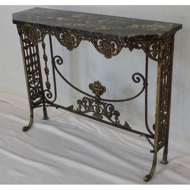 AF1-372: Antique C 1920's Oscar Bach Marble Top Iron & Brass Console Table