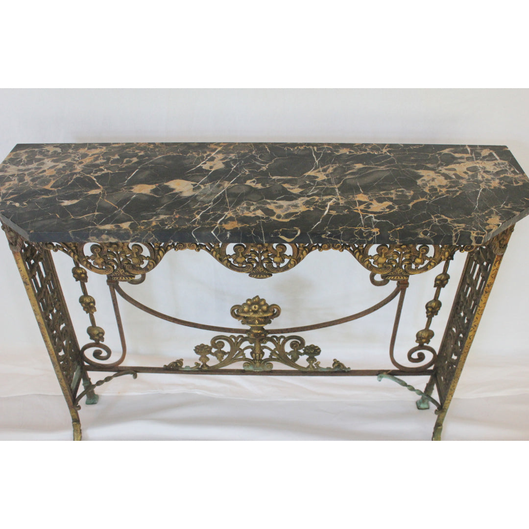 AF1-372: Antique C 1920's Oscar Bach Marble Top Iron & Brass Console Table