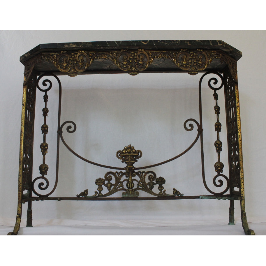 AF1-372: Antique C 1920's Oscar Bach Marble Top Iron & Brass Console Table