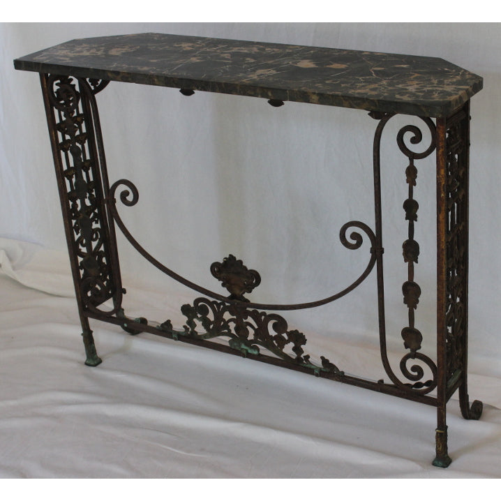 AF1-372: Antique C 1920's Oscar Bach Marble Top Iron & Brass Console Table