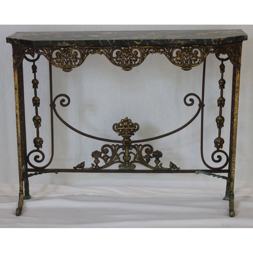 AF1-372: Antique C 1920's Oscar Bach Marble Top Iron & Brass Console Table