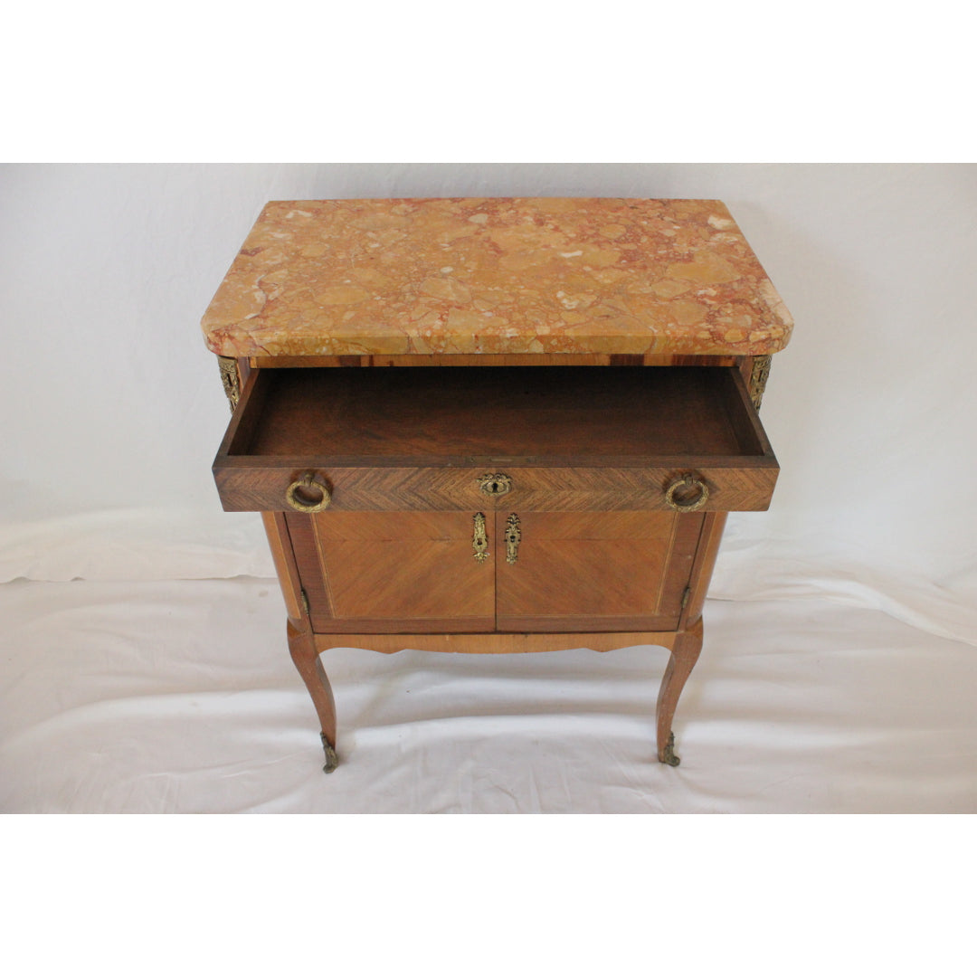 AF4-383: Antique Pair of Early 20th Century French Louis XV Style Marquetry Marble Top Commodes