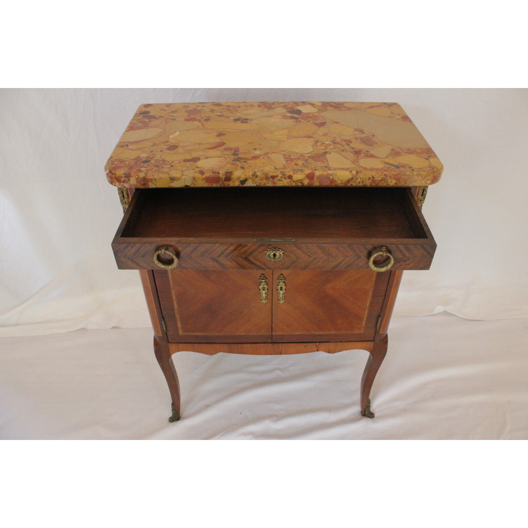 AF4-383: Antique Pair of Early 20th Century French Louis XV Style Marquetry Marble Top Commodes