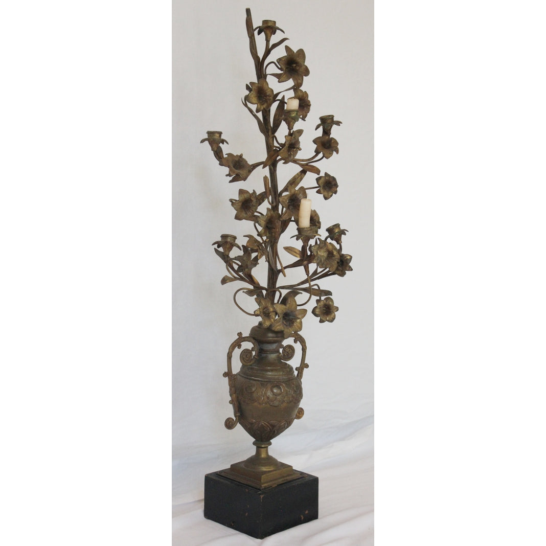 DA2-165: Late 19th Century French Gilt Bronze Candleabra w/ Urn & Flowers