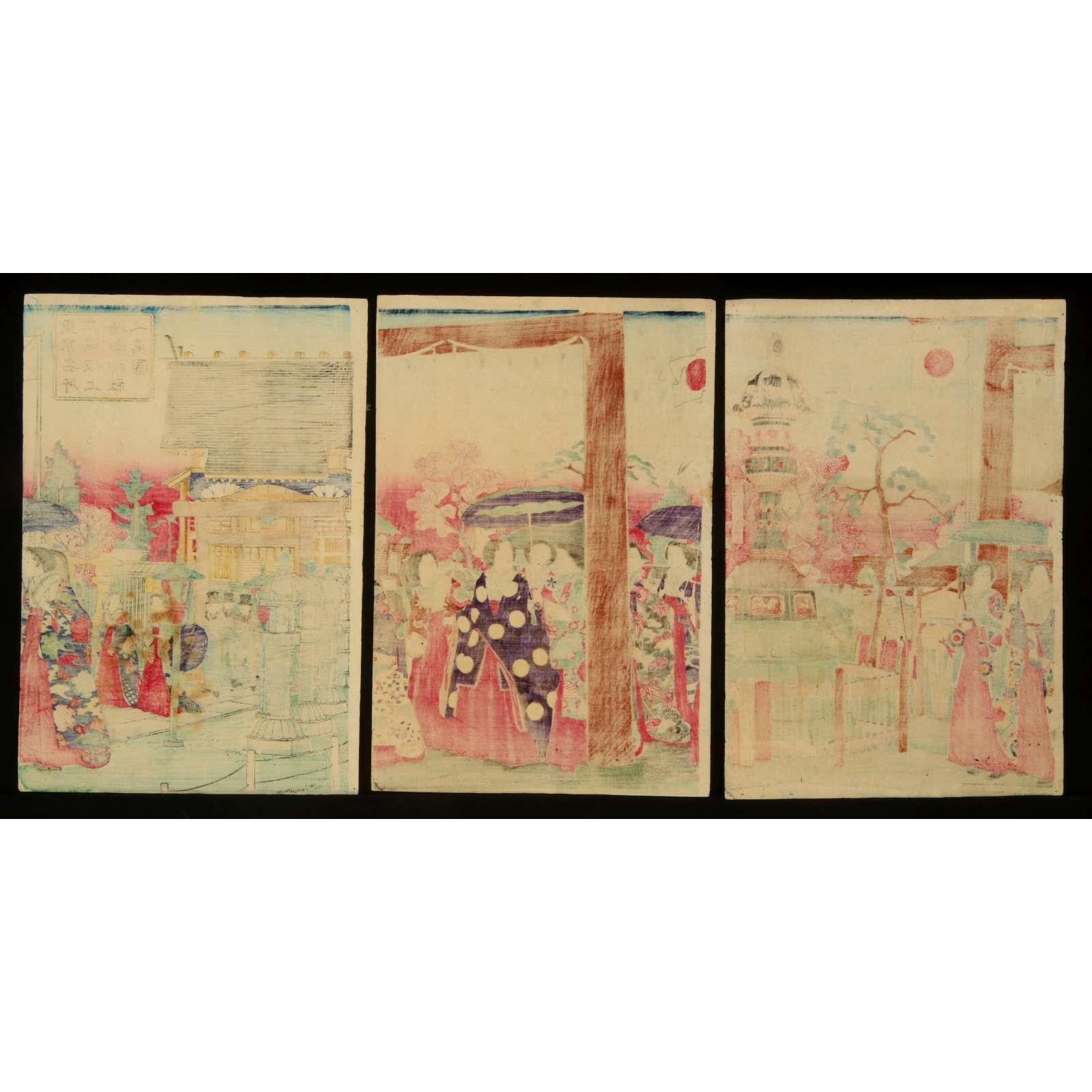 AW10-003: Utagawa Hiroshige III TRIPTYCH WOODBLOCK 'Famous Places in Tokyo' 'Kudan Sakagami Yasukuni Shrine'