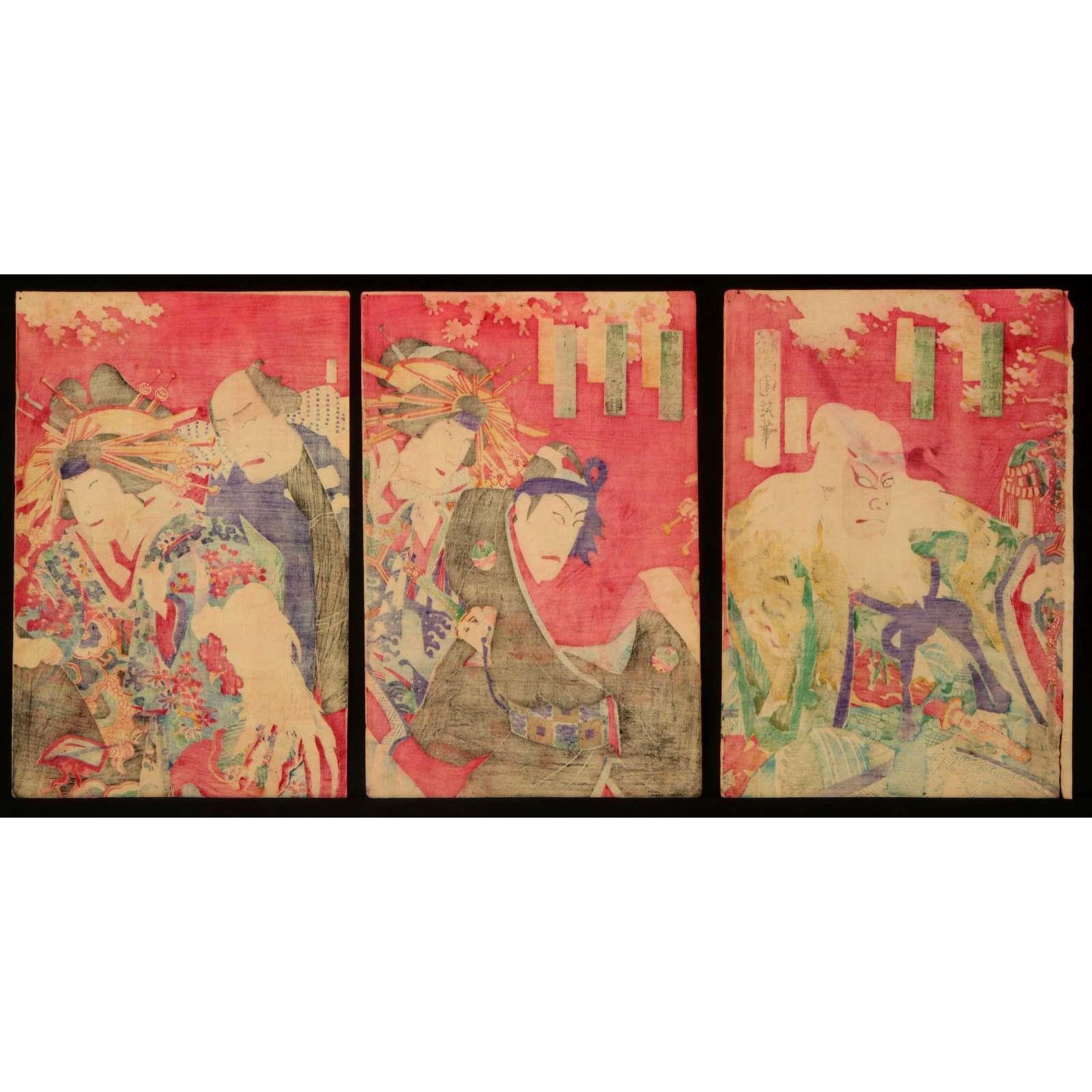 AW10-007: Japanese School - 19TH CENTURY JAPANESE TRIPTYCH WOODBLOCK PRINT