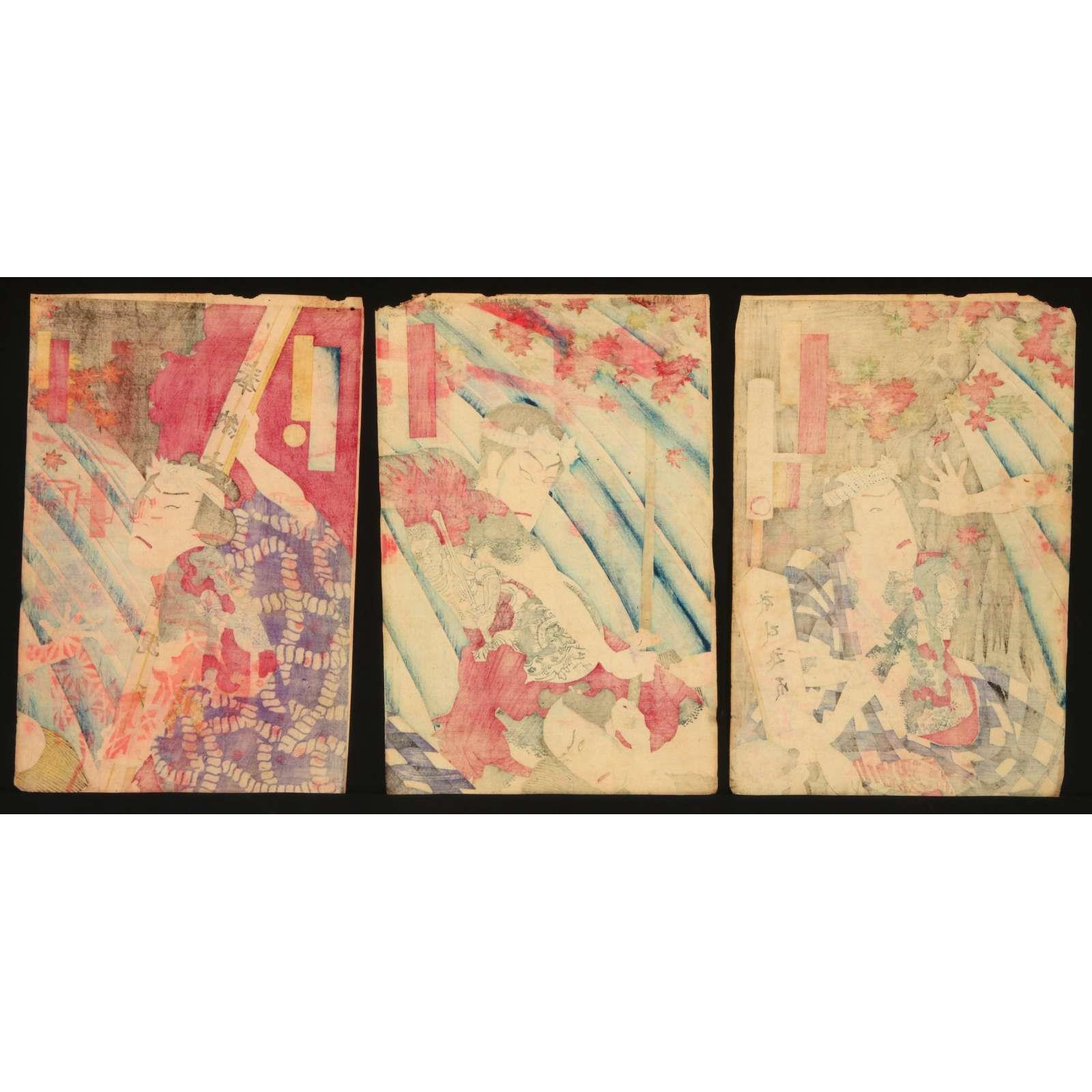 AW10-002: Toyohara Kunichika WOODBLOCK, "THREE ACTORS" TRIPTYCH