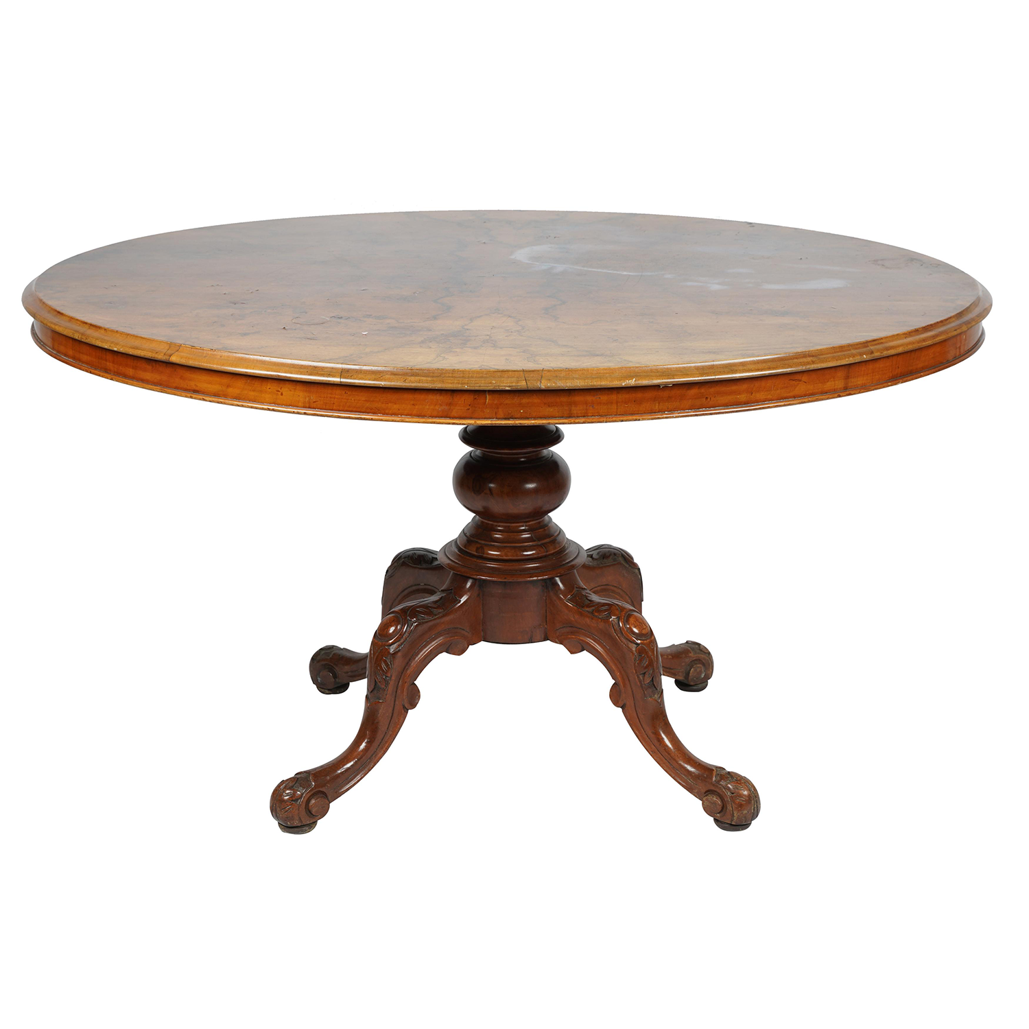 AF1-105: ANTIQUE LATE 19TH C EDWARDIAN MAHOGANY & WALNUT ROUND DINING TABLE